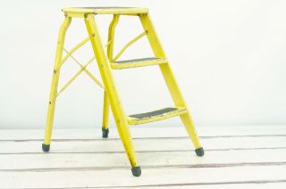Vintage Metal Yellow Ladder Step Ladder Chippy Paint Step Stool Ladder