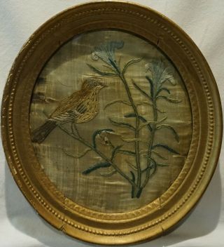 Small Early 19th Century Oval Silk Work Of A Thrush On A Floral Stem - C.  1820