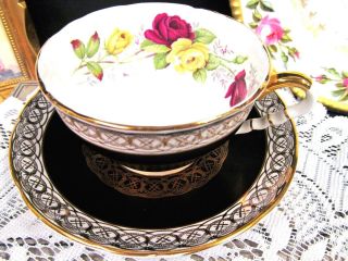 Royal Stafford Tea Cup And Saucer Black & Gold Gilt Floral Rose Pattern Teacup
