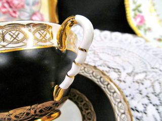 ROYAL STAFFORD tea cup and saucer black & gold gilt floral rose pattern teacup 3