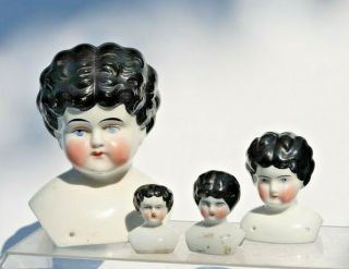 Four Antique China Shoulder Heads W/ Black Molded Hair Blue Eyes Display Repair