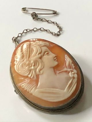 Vintage French Art Deco Silver Shell Cameo Brooch Or Pendant With Safety Chain