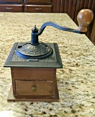 Antique Cast Iron/ Brass Coffee Mill Grinder Kitchen Wooden Box Primitive