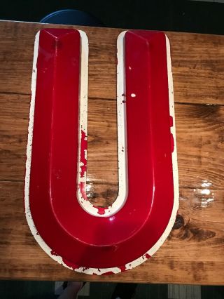 Vintage Sign Letter 25” U Large Marquee Red Hard Plastic White Trim
