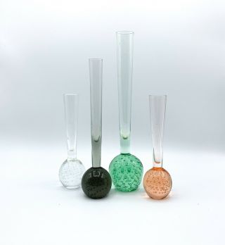 4 Vintage Art Glass Multi Color Bubble Bottom Vase Set