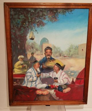 Vintage Mid Century Modern Oil Painting.  Asian Meal Scene.  Artist Signed.