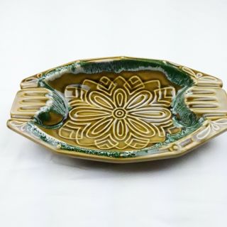 Vtg Mid Century Modern Green Teal Oval Ashtray Made In Usa Flower With Dip Glaze