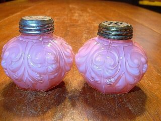Antique Pink Cased Art Glass Salt & Pepper Shakers With Scroll Motif