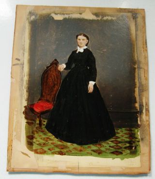 Antique Civil War Era Painting On Board Lovely Young Woman In Hoop Dress