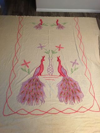 Vintage Double Peacock Chenille Bedspread Bright Colors 88 X 101 Full Size