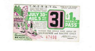 Milwaukee Railway Transit Ticket Pass July 30 - August 5 1939 Waukesha Beach
