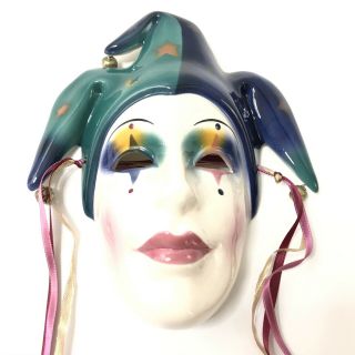 Clay Art Vintage Mardi Gras Ceramic Court Jester Wall Mask With Ribbon And Bells