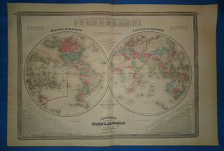 Vintage 1872 World Hemispheres Map Old Antique Johnson 