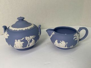 Antique Wedgwood England Blue Jasperware Covered Sugar Bowl & Creamer
