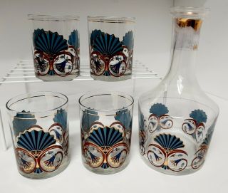 Set Of 4 Vintage Culver Art Deco Rocks Glasses And Carafe.  Blue & Gold Fans