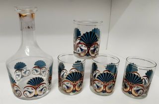 Set of 4 Vintage Culver Art Deco Rocks Glasses and Carafe.  Blue & Gold Fans 2