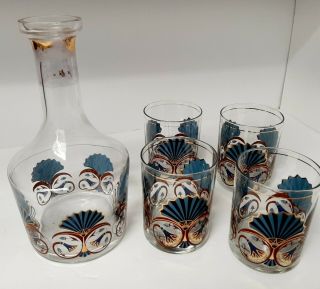 Set of 4 Vintage Culver Art Deco Rocks Glasses and Carafe.  Blue & Gold Fans 3