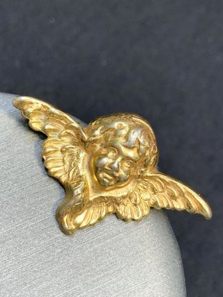 Vintage Estate Brooch Pin Gold Tone Repousse Winged Angel 1 3/4”