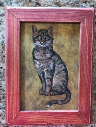 Vintage Tabby Cat Painting Antique Framed Folk Art