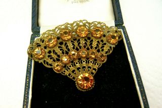 Vintage Jewellery Art Deco Czech Rhinestone Filigree Fan Brooch Pin Lovely