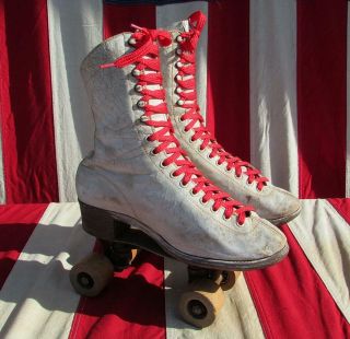 Vintage Chicago Hyde White Leather Womens Roller Skates Wood Wheels Antique 7.  5