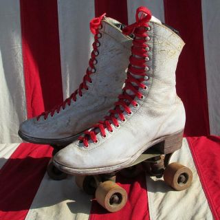 Vintage Chicago Hyde White Leather Womens Roller Skates Wood Wheels Antique 7.  5 3