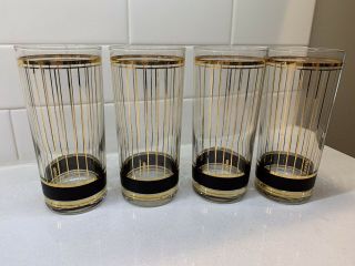 Vintage Set Of 4 Culver Devon Black Gold Striped Highball Glasses 16 Oz
