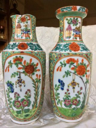 Chinese Antique Pair 19th C Porcelain Famille Rose Verte Vases Cat Insects Figur