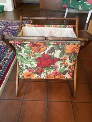 Vintage Large Yarn Sewing Basket Folding Knitting Bag Fabric Wood Floral
