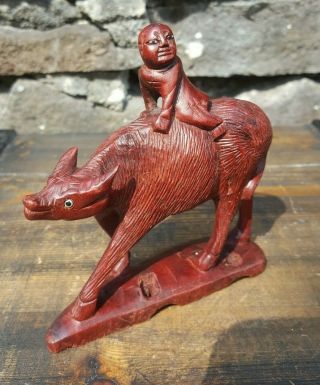 Vintage Oriental,  Asian Hand Wood Carving.  Boy Riding Water Buffalo,  Red Wood