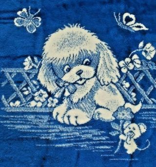 Vintage San Marcos Baby Blanket Reversible Puppy Dog In Field Soft Blue & White