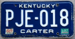 1983 White On Blue Kentucky License Plate Carter Country - 1986 & 1987 Stickers