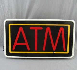 Vintage Atm Lighted Sign 13x24 " Plastic Electric Wall Or Chain Hanging Bank Cash