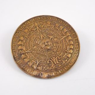 Large Vtg Taxco Sterling Silver Aztec Mayan Calendar Gold Sun Dial Pendant Lfj3