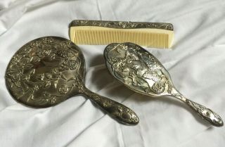Vintage Silver Plated Embossed Dressing Table Vanity Set Hair Brush Mirror Comb