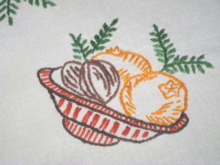Bowl Of Christmas Chestnuts & Fruit Vintage German Hand Embroidered Tablecloth
