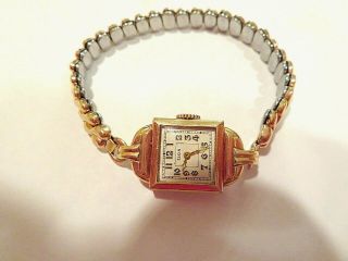 Vintage 1936 Elgin 10K Gold Filled Women ' s Mechanical Wind Watch w/ Band - Runs 2