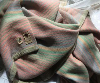 French Vintage Heavy Wool Blanket Cover Pink Blue Green Striped Twin 76” X 82”