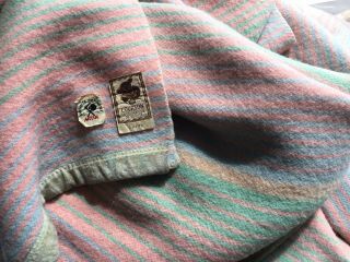 French Vintage Heavy Wool Blanket Cover Pink Blue Green Striped Twin 76” X 82” 3