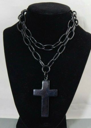 Vintage Art Deco Era Black Bakelite Mourning Cross Pendant Celluloid Chain 26 "