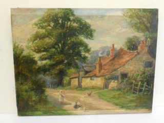 Really Old Painting Antique Oil On Canvas Village Landscape