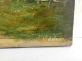 really old PAINTING antique oil on canvas village landscape 2