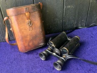 Antique Ross Brass Military Field Prism Binoculars X12 In Tan Leather Case C1900