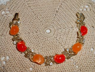 Vintage Coro Signed Orange Thermoset Lucite Clear Rhinestone Link Bracelet Br15