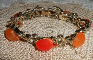 Vintage CORO Signed Orange Thermoset Lucite Clear Rhinestone Link Bracelet BR15 2