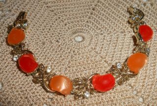 Vintage CORO Signed Orange Thermoset Lucite Clear Rhinestone Link Bracelet BR15 3