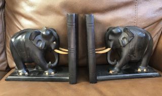 Vintage Ebony Wood Hand Carved Elephant With Tusks Bookends 7.  5 X 7x 4”