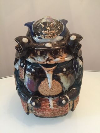 Antique Japanese Pottery Samurai Warrior Lidded Pot