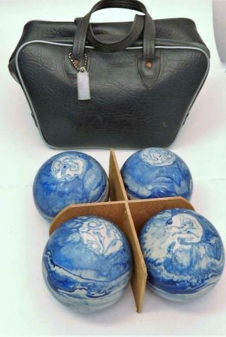 Set Of 4 Vintage Blue & White Swirl Candlepin Bowling Balls & Bag 2 Lbs.  6 Oz.