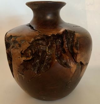 Vintage Turned Burl Wood Art Vase With Insert